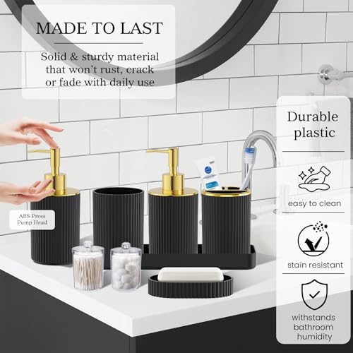 Black Gold Bathroom Accessories Set, 10PC Bathroom Set, Bath Accessory with Pop Up Trash Can, Soap Dispenser, Toilet Brush, Toothbrush Set Qtip Holders & Tray - color: Black & Gold, size: 10-Piece Set (Accessories Only)