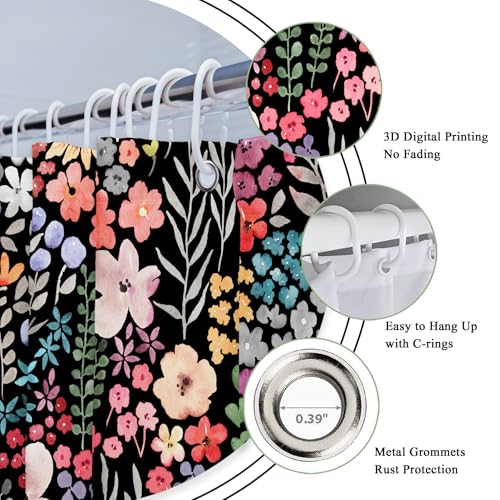 Riyidecor Small Stall Shower Curtain for Bathroom Decor 36Wx72H Rv Narrow Half Single Floral Stand Up Colorful Black Flowers Leaves Art Printed Fabric Polyester Waterproof 7 Pack Plastic Hooks - color: E-black, size: 36"W x 72"L (Pack of 1)