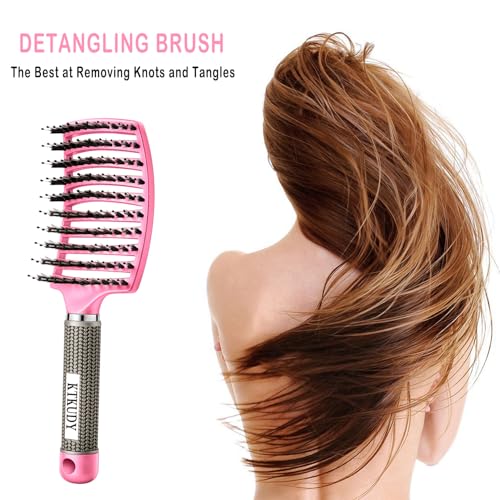 KTKUDY Detangling Brush Boar Bristles Hairbrush Make Hair Shiny & Healthier Curved and Vented Detangler Brush for Women Men Kids Wet & Dry Hair (Pink) - color: Pink