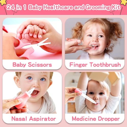 Qunlions life Baby Grooming Kit, Infant Safety Care Set with Hair Brush Comb Nail Clipper Nasal Aspirator,Baby Essentials Kit for Newborn Girls Boys, Pink-24- in-1 - style: Pink 24 in 1