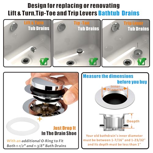Artiwell Universal Tip Toe Bath Drain Stopper and Cover, Bathtub Drain Stopper, Replaces Lift and Turn, Tip-Toe and Trip Lever drains for Tub, EZ Installation and Clearing (Chrome Plated) - color: Chrome Plated