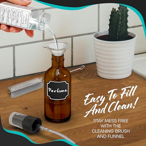 Nevlers Amber Glass Spray Bottles 4 Oz 24 Pack Travel Glass Bottle Sprayer | Small Spray Bottle 4 Oz Set with Shrink Wrap, Funnel, Labels, Brush & Marker | Spritzer Bottles for Hair, Face & More