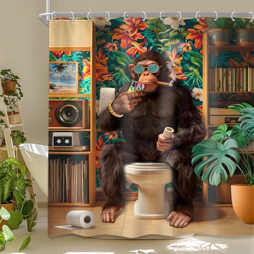 Newsely Funny Monkey Shower Curtain 60Wx72L Inch Chimpanzee Fun Animal Wildlife Tropical Leaves Plant Modern Cool Hilarious Bathroom Set Boys Men Waterproof Bath Decoration Accessories Home Decor - color: K-monkey, size: 60"W x 72"L (Pack of 1)