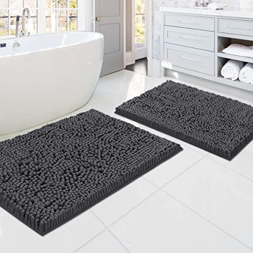 H.VERSAILTEX Luxury Chenille Bathroom Rugs - Non-Slip Bath Mats, Extra Soft Absorbent Shaggy, Washable Fast Dry 2 Piece Set (Grey, 20" x 32"/17" x 24") - color: Grey, size: 20" x 32" Plus 17" x 24"