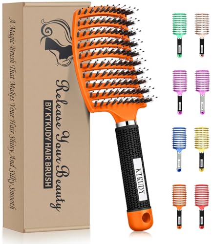 KTKUDY Detangling Brush Boar Bristles Hair Brush Make Hair Shiny & Healthier Curved and Vented Detangler Brush for Women Men Kids Wet and Dry Hair (Orange) - color: Orange