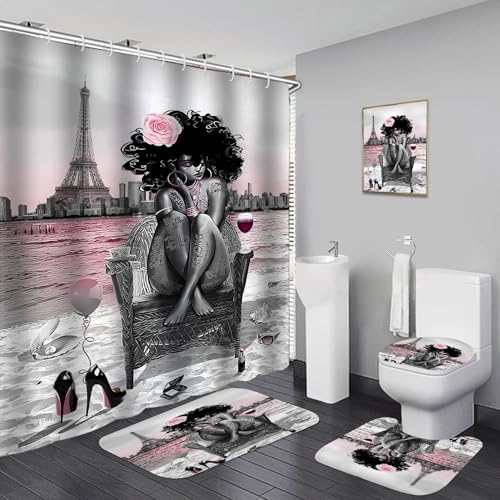 5Pcs Black Girly Bathroom Sets with Rugs and Wall Painting, Pink and Black African American Shower Curtain Set with Rugs, Parisian-Style Modern Wall Decor, Bathroom Shower Curtain and Rug Set - color: 5pcs Pink With Decor Painting