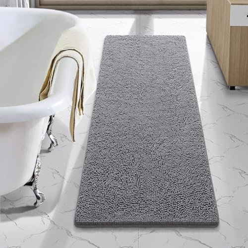 LOCHAS Luxury Bathroom Rug Shaggy Bath Mat 48 x 17 Inch, Washable Non Slip Bath Rugs for Bathroom Shower, Soft Plush Chenille Absorbent Carpets Mats, Gray - color: Grey, size: 1'5" X 4' (17''x48'')