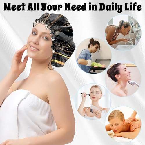 Luxury Shower Cap Satin Lined Reusable Waterproof Double Layer Elastic Adjustable Hair Bath Cap Cute Aesthetic Women Girls-Black Marble - color: F6-Black Marble