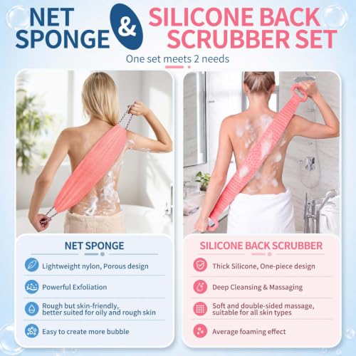 Manmihealth Silicone Back Scrubber for Shower & African Net Sponge Net Set, 36'' Dual-Sided Back Washer & African Long Bath Sponge, Extendable Long Silicone Body Brush (Pink+Pink) - color: Pink+pink