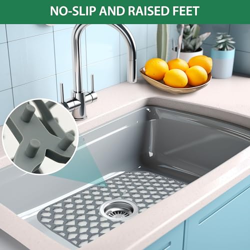 Sink Protectors for Kitchen Sink 13x11 &16x12 & 18x16 & 19x14 & 21x16 & 22x13 & 24x13 & 25x16 & 26x14 & 28x14 & 30x16, Silicone Sink Mat Grid (16.8"x12.6") - color: Gray