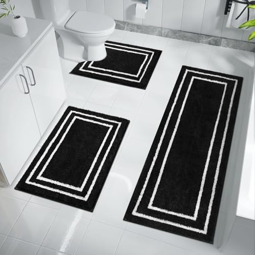 Uphome 3-Piece Black Bathroom Mat Set, Non-Slip, Machine Washable, Soft Shaggy Microfiber Absorbent Bath Mat Set with U Shaped Toilet Mat for Tub, Shower - color: Black, size: 18 x 25 + 18 x 47 + U-Shape 20 x 24 inch