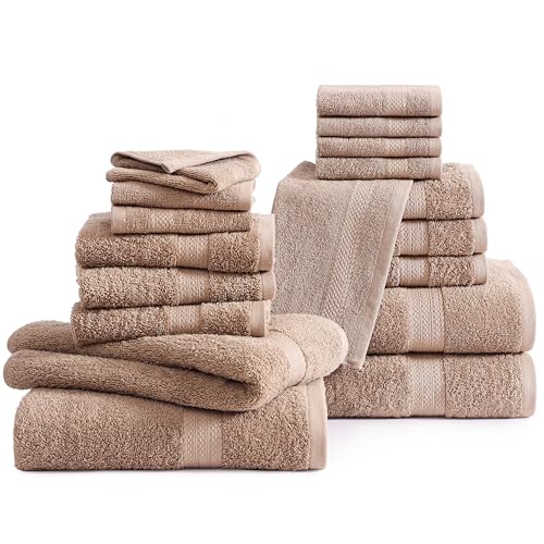 LANE LINEN 18 Piece Cotton Towel Set - Soft, Absorbent & Perfect Family Set - 4 Bath, 8 Washcloths, 6 Hand Towels for Bathroom - Ideal for Home, Spa & Gym - Quality You Can Trust - Taupe - color: 05: Taupe, size: 18 Piece Towel Set