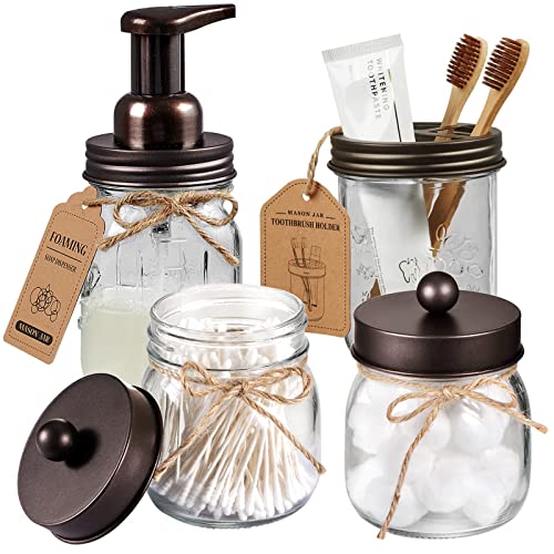 Amolliar Mason Jar Bathroom Accessories Set 4 Pack - Foaming Soap Dispenser&2 Qtip Holders&Toothbrush Holder-Rustic Farmhouse Decor Bathroom Organizer Apothecary Jar Country Countertop (Bronze) - size: Bronze, style: Standard-mouth