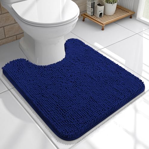 OLANLY Toilet Rugs U-Shaped 20x20, Extra Soft Absorbent Chenille Contour Bathroom Rugs for Toilet, Dry Quickly, Machine Washable, Non-Slip Bath Mat, Navy - color: Navy, size: 20" X 20" Contour Rug