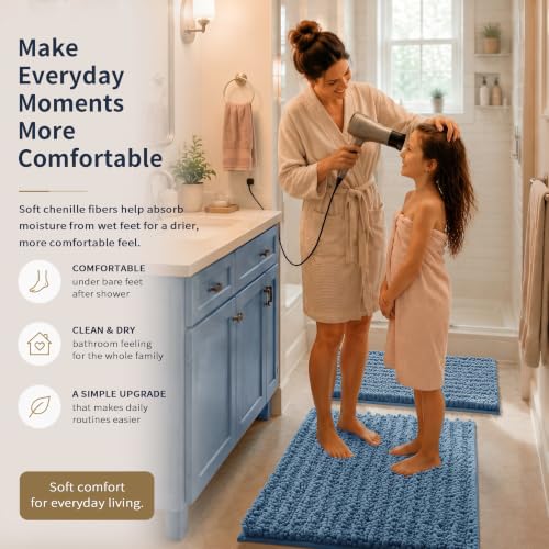 Yimobra Bathroom Rug Set 3 Piece - Super Absorbent Quick Dry Chenille Bath Mats & Toilet Rug, Non Slip Machine Washable, Extra Thick Shaggy Floor Mat for Shower Tub Sink, Denim Blue - color: Denim Blue, size: 24"x17" + 24"x20" + 30"x20"