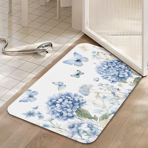 Blue Hydrangea Flower Bath Mat,Fast Drying Spring Butterfly Bathmats for Bathroom, Non Slip Soft Diatomaceous Bath Rug Bathroom Accessories Thin Doormat for Home Kitchen 17 X 29.5 Inch - color: Blue Hydrangea Flower