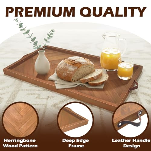 Extra Large Ottoman Tray Rectangle, 32.5"x18.5" Wooden Ottoman Trays with Leather Handles, Rustic Decorative Storage Tray for Ottoman - size: 32.5" x 18.5" x 1.5"