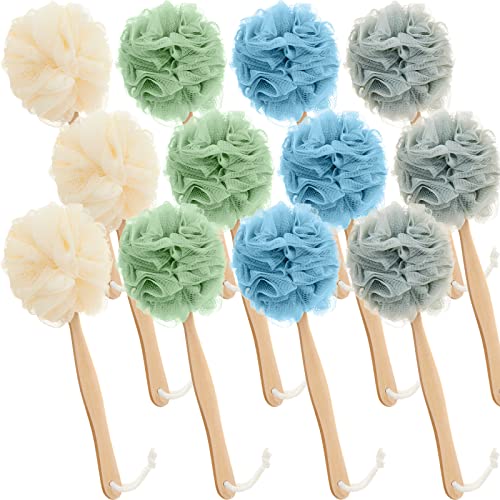 Tessco for you 12 Pcs Large Loofah on a Stick Shower Loofah with Long Handle Back Scrubber for Shower PE Body Bath Sponge Soft Spa Mesh Brush Wash Exfoliating Luffas for Men Women(Dark Color) - color: Multicolor