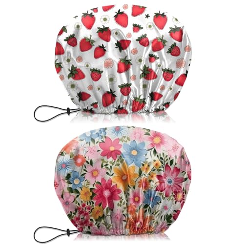2 PCS Shower Cap Waterproof Double Layer Elastic Adjustable Reusable Hair Bath Caps for Girls Women Cute Aesthetic-Red Pink - color: G15-Red Pink