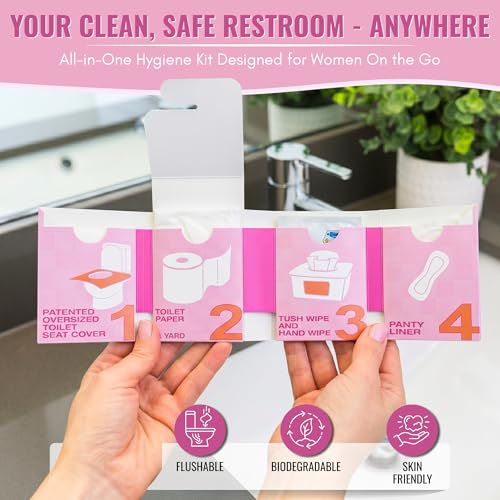 The Restroom Kit Plus: All-in-One Hygiene Travel Kit for Women, 12-Pack with Panty Liner, Patented Seat Cover, 3-Ply Toilet Paper, and Wipes - color: Pink, size: 12 Count (Pack of 1)