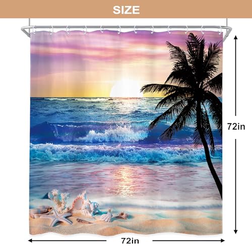 Newsely Ocean Sunrise Shower Curtain 72Wx72H Inch Beach Tropical Palm Tree Hawaiian Sunset Coastal Scenery Sea Wave Shower Curtain Bathroom Set Summer Waterproof Bath Decoration Accessories Home Decor - color: A-01beach Purple, size: 72"W x 72"L (Pack of