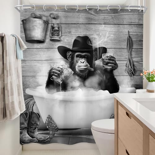 Newsely Funny Monkey Shower Curtain 72Wx72H Inch Western Cowboy Chimpanzee in Bathtub Black White Animal Wildlife Shower Curtain Bathroom Set Boys Men Waterproof Bath Decoration Accessories Home Decor - color: C-monkey, size: 72"W x 72"L (Pack of 1)