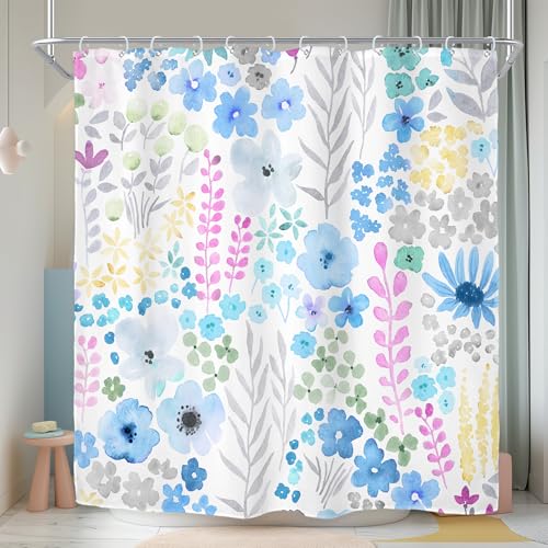 Riyidecor Blue Floral Shower Curtain for Bathroom Decor 60Wx72H Girls Kids Boho Cute Wildflower Watercolor Plant Leaves Botanical Art Printed Fabric Polyester Waterproof 12 Pack Plastic Hook - color: D-blue, size: 60"W x 72"L (Pack of 1)