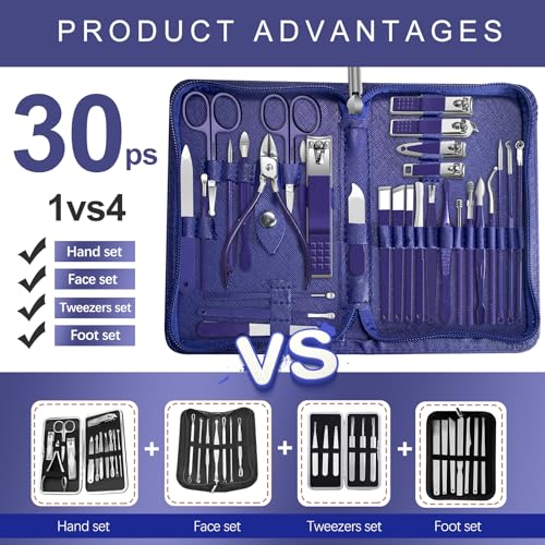 Manicure Set 30 in 1 Nail Clippers Set,Nail Manicure Kit for Women,RedFlow Toenail Clippers,Pedicure Kit,Pedicure Tools,Suitable for Travel Manicure Tools (Navy Blue) - color: Navy Blue