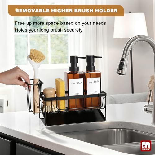 GMISUN Dish Soap Dispenser, 12 Fl oz / 350 ml Dual Soap Dispenser with Sponge Holder, Customized Amber Glass Kitchen Soap Dispensers Set, Modern Hand and Dish Soap Dispensers Set Removable - color: Amber Bottle + Black Rack