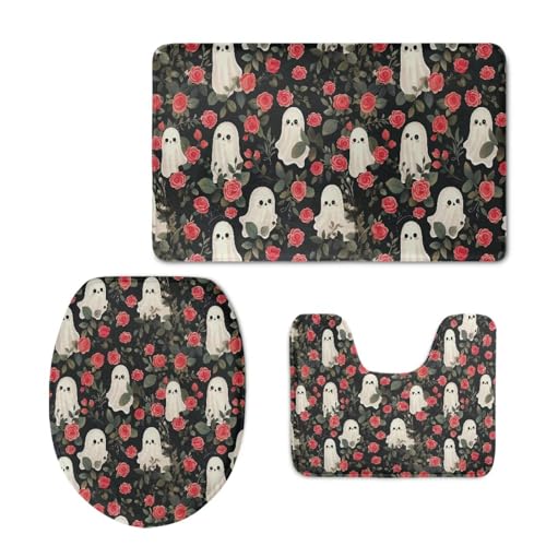 Cute Ghost Bathroom Rug Set Rose Bathroom Rugs Sets 3 Piece Toilet Seat Cover and Rug Set Toilet Lid Cover with Non-Slip Bottom Toilet Lid Cover Set with U-Shaped Rug Bathroom Accessory Set - color: Cute Ghost Rose