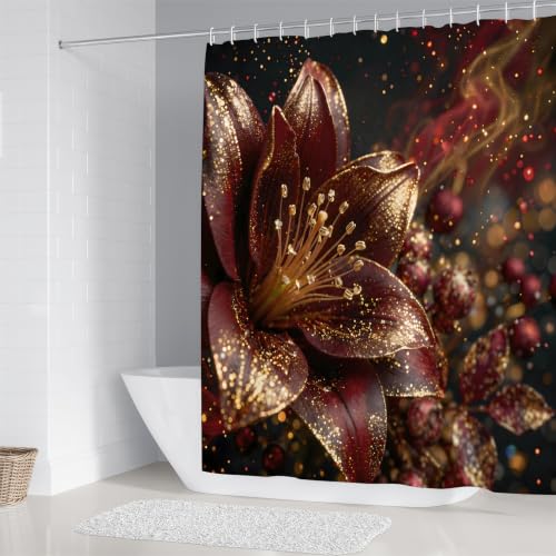 LQCOOL 4Pcs Black Red Lily Flower Shower Curtain Set, Waterproof Bathroom Sets, Abstract Burgundy Gold Bathroom Sets with Shower Curtain and Rugs, Shower Curtain with 12 Hooks - color: Black Red