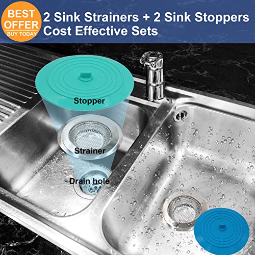 V-TOP Kitchen Drain Strainer Stopper 4 Pack, Universal 6 Inch Silicone Plug Anti-Clogging Stopper Cover, 4.5 Inch Stainless Steel Basket Strainer Food and Hair Catcher - color: 6" Blue & Green