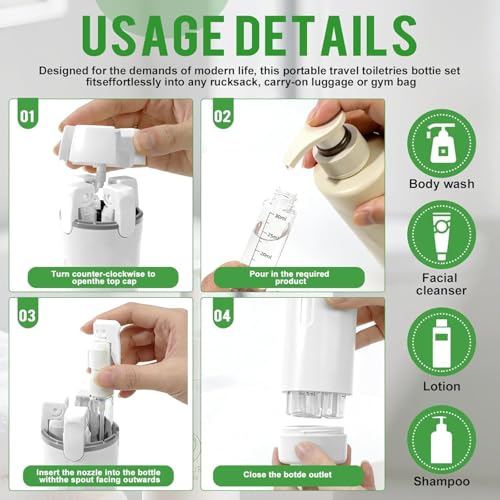 4 in 1 Travel Dispenser Bottle,Leak Proof Refillable Bottles Store Shampoo, Lotion and More,Transparent with Scale, Easy Squeeze Use, Lightweight & Portable Perfect for Travel,Gym,Camping (White) - color: White
