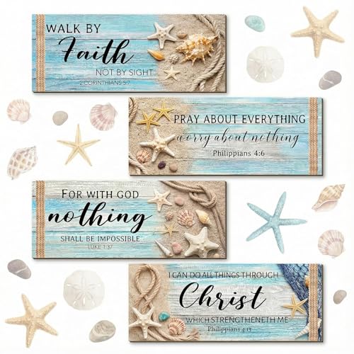 4Pcs Coastal Wooden Wall Decor for Bathroom Bedroom Summer Beach Christian Wall Art Room Decor Starfish Seashells Wooden Signs Teal Ocean Religious Decor with Bible Verses Nautical Home Decoration - style: Coastal