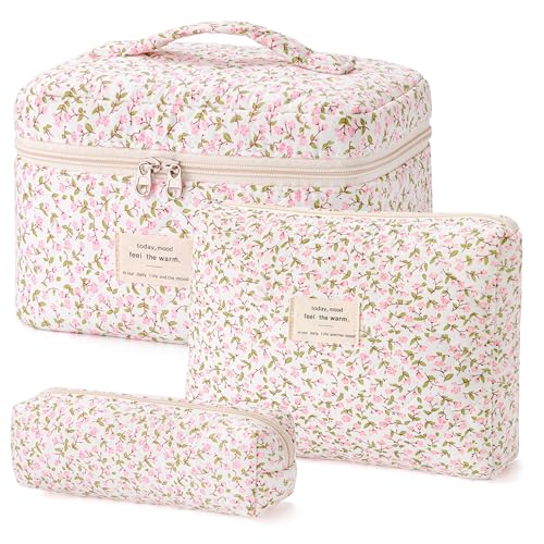 HBselect Quilted Makeup Bag, 3PCS Cotton Large Travel Makeup Bag, Cute Floral Coquette Make up Bag Cosmetic Bag Toiletry Bag for Women Girls - color: A-3PCS-Floral 17