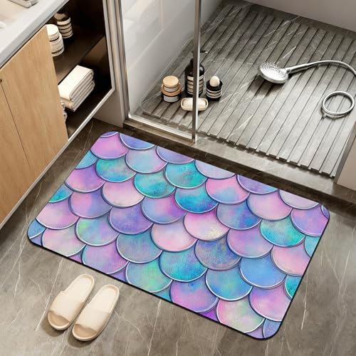 Diatomaceous Earth Bath Mat,Mermaid Scale Colorful Bath Rugs,Non-Slip Thin Absorbent Fast Drying Easy to Clean for Bathroom Laundry Home Kitchen Door Mat 17x29.5Inch - color: Mermaid Scale Colorful