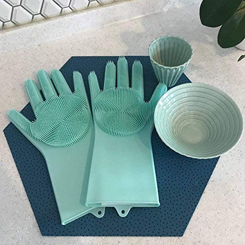 Silicone Dishwashing Gloves, Pet Grooming Rubber Scrubbing for Dishes, Sponge Wash Cleaning with Scrubbers (13.6" L) - color: Green
