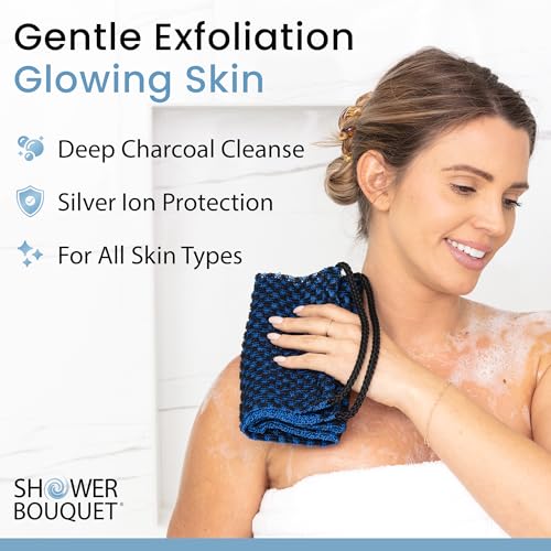 Japanese Exfoliating Washcloth for Back & Body - Charcoal & Silver Ion Exfoliating Towel with Handles - Two-Sided Gentle Exfoliation & Deep Cleansing Soft Body Wash Cloths for Shower - Blue - color: Charcoal Blue, size: 1 Count (Pack of 1)