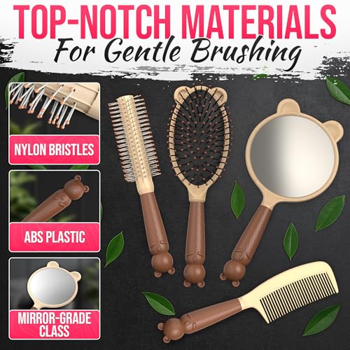 4 Pcs Hair Detangler Brush Set - Cute Combo of 3 Brush for Thick Hair and Mirror, Adorable Cat Design, Convenient Size & Ergonomic Handle | For Daily Use at Home and Travel, Suitable for Any Curl Type - color: 4 Pcs Cat Design Hair Detangler Brush Set