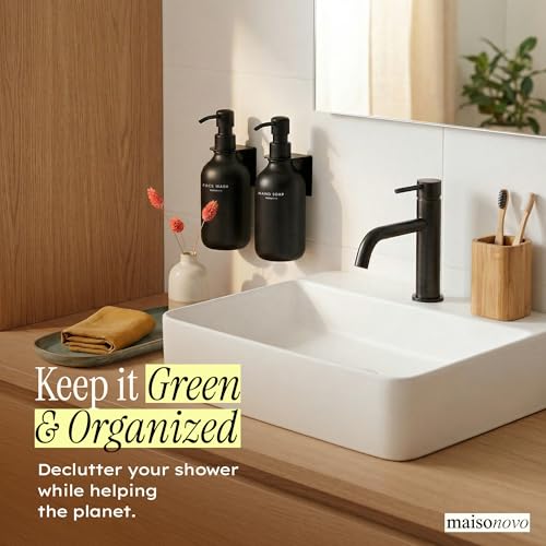 Shampoo and Conditioner Dispenser Wall Mounted Set of 2 Black - No Drill Shower Soap Dispenser for Bathroom Refillable - Spa Hotel Style Accessories by MaisoNovo - color: Black Set of 2