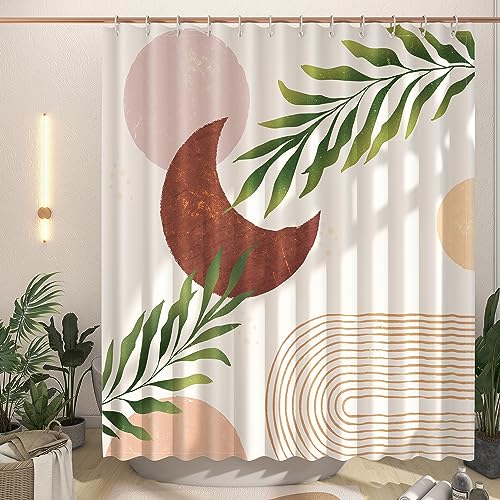 EOSAHR Boho Shower Curtain Set with 12 Hooks - Lightweight Polyester Bathroom Curtain, Machine Washable, Quick Dry - Moon & Leaf Abstract Art Design 71"x71" (Neutral Tones) - color: Boho - Moon