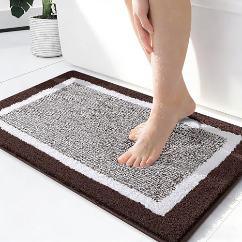 OLANLY Small Bathroom Rugs 24x16, Extra Soft and Absorbent Microfiber Bath Rugs, Non-Slip, Machine Washable, Quick Dry Shaggy Bath Carpet, Bath Mats for Bathroom Floor, Tub, Shower, Brown - color: Brown and White, size: 24" X 16"