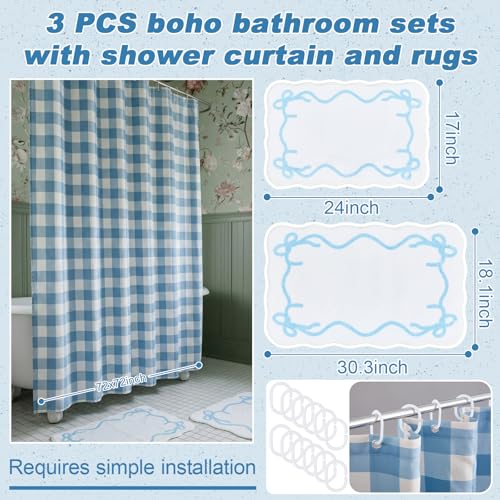 Lounsweer 3 Pcs Blue and White Plaid Shower Curtain Set, Gingham Shower Curtains with Bath Rugs Checkered Bathroom Curtain Set for Bathroom Farmhouse Hotel Tub, 72 x 72