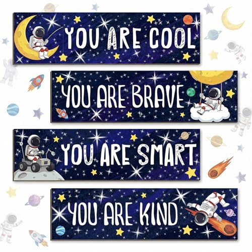 4Pcs Outer Space Wooden Wall Art Room Decor for Boys Astronaut Wall Art Set for Bedroom Bathroom Motivational Wooden Signs Navy Blue Galaxy Nursery home Decor for Toddler & Playroom - style: Outer Space