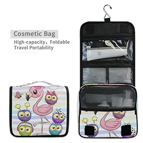 senya Hanging Travel Toiletry Bag Kit Makeup Case Cosmetics Organizer for Men Women - color: Cartoon Pink Flamingo And Five Owls