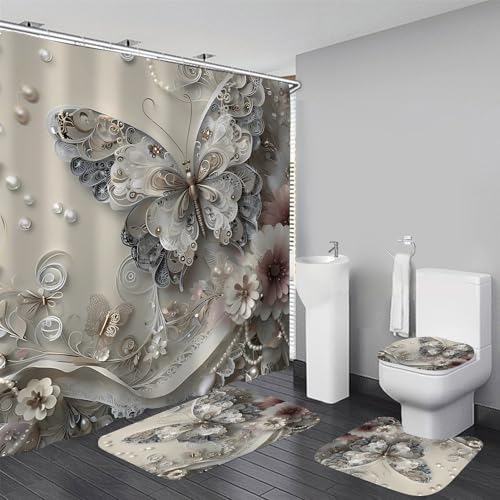 DDQQ 4Pcs Shower Curtain Sets, Gray Butterfly Bathroom Curtains Shower Set, Bathroom Decor Sets, Shower Curtain for Bathroom with Rugs, Toilet Lid Cover, Bath Mat and 12 Hooks, 71 x 71 Inches - color: Grey