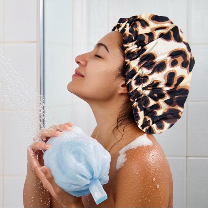 Edoneery Reusable Shower Caps for Women, Waterproof Long Hair Bonnet | Washable Design, Wide Elastic Band, Large Fit, Holds Long Hair, Braids Friendly, Bath Accessories, Spa, Travel - color: Brown Leopard