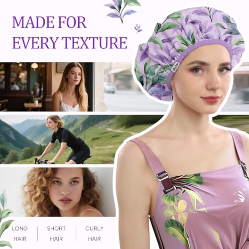 Years calm Shower Caps for Women Reusable Waterproof – Double Layer Elastic Cap with Tropical Botanical Print Shower Cap for Shower, Spa, Travel, Bath & Daily Hair Protection - color: Purple