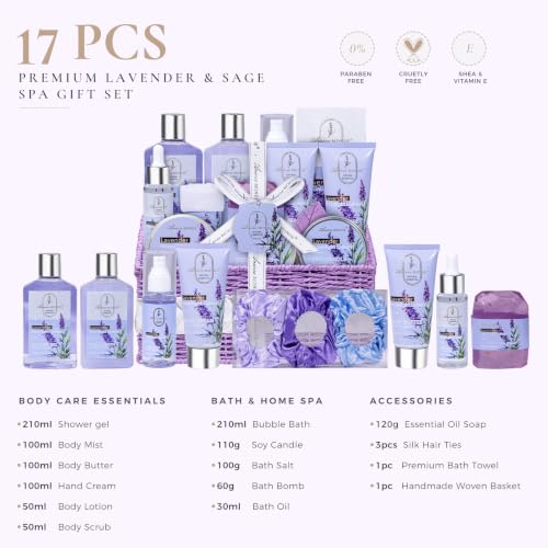 Spa Gifts for Women Bath and Body Lavender Gift Set, Spa Gift Basket for Self Care, Relaxing Bath Sets for Mom, Grandma, Girlfriend, Sister, Friends, Gifts for Women