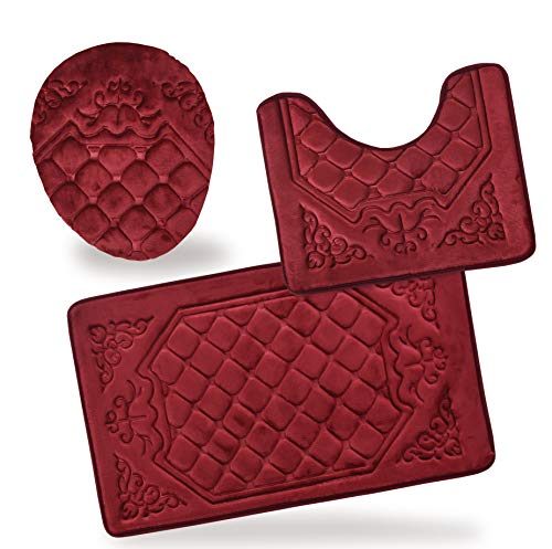 All American Collection 3PC Memory Foam Bath Mats Soft Plush Crown Design Anti-Slip Shower Bathroom Contour Toilet Lid Cover Rugs (Burgundy) - color: Burgundy